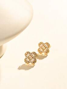 Hoa tai cỏ bốn lá mạ vàng 18K, hoa tai bằng đồng thời trang, thanh lịch và dễ thương, thích hợp đeo hàng ngày và đi tiệc - Vàng - Xem 4