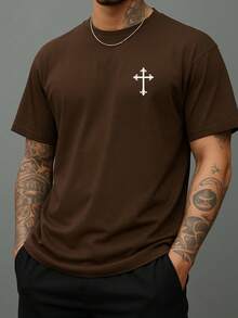 Men's Round Neck T-Shirt 100% Cotton Shirt 30.1 Yarn Blouse Comfortable Shirt Religious Print Cool Shirt Various Colors - 鏽棕色 - 查看 2