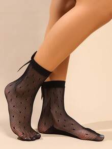 3 Pairs Bow Decor Short Socks Set, Women Thin Sexy Lace Hollow Out Ankle Socks, Fashionable Calf Socks