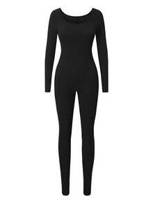 AiTyi Women's Jumpsuit, Well Fitted, Casual U-Neck Solid Color, Fashionable Sexy Slim Fit, Comfortable For Outdoor Sports, Versatile, Suitable For Graduation, New Year, Ramadan, Autumn/Winter Elastic Knit Long Sleeve Skinny Leg Jumpsuit