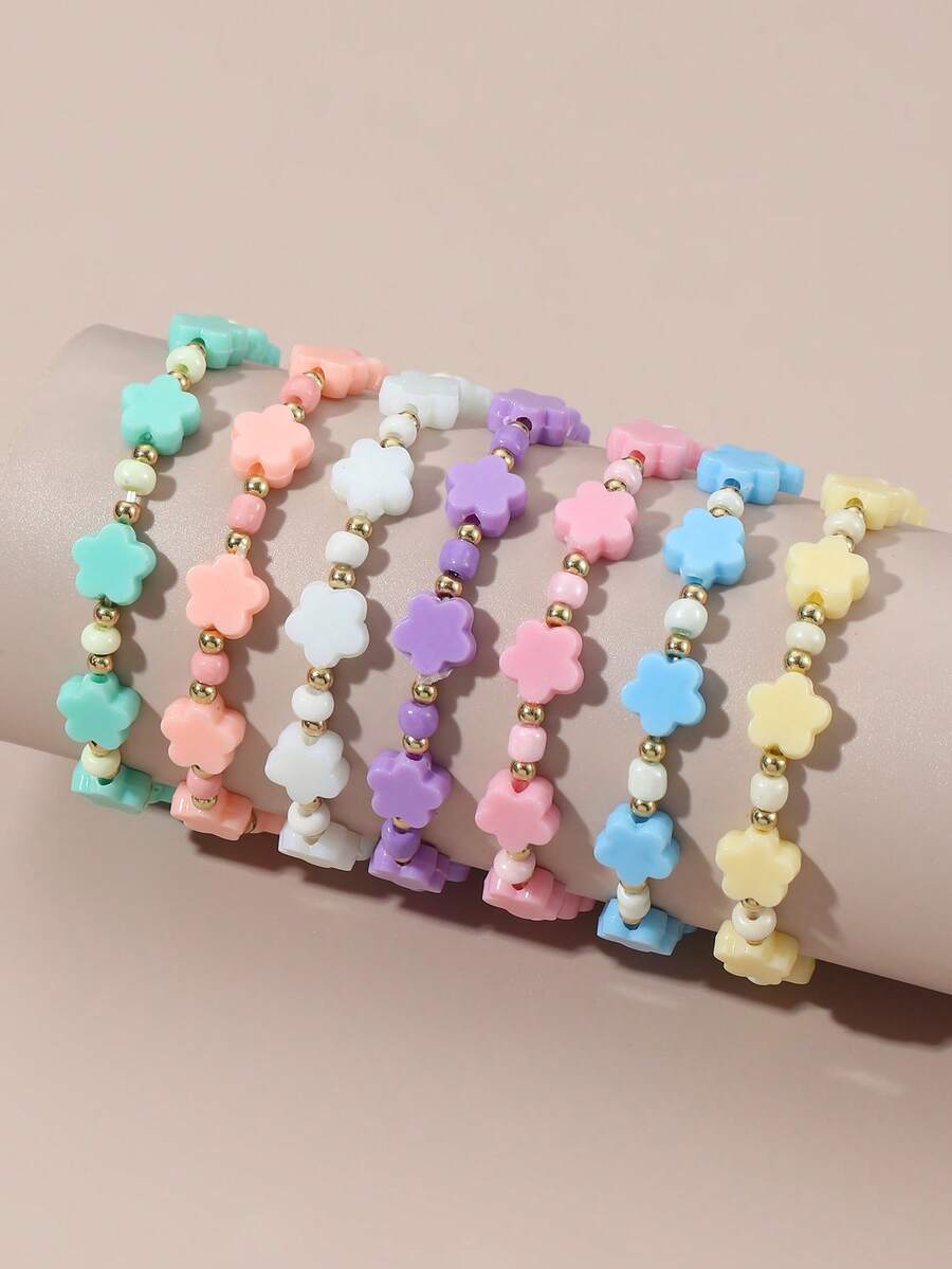 7pcs Colorful Acrylic 5-Petal Flower, Heart, Star Beaded Stretch Bracelet Set, Random Color, Suitable For Girls Daily Wear
