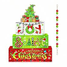 クリスマス ティアードトレイ デコレーションセット カラフルなクリスマスツリー/キャンディケイン 木製ファームハウス クリスマスデコレーション ホームamp;パーティー用 - カラフル - チェックする 6