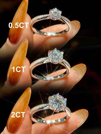 1 件 0.5 克拉-2 克拉经典 6 爪碎钻设计 D 色莫桑石钻石戒指 S925 纯银戒指女士结婚戒指优雅奢华珠宝礼物结婚周年纪念礼物