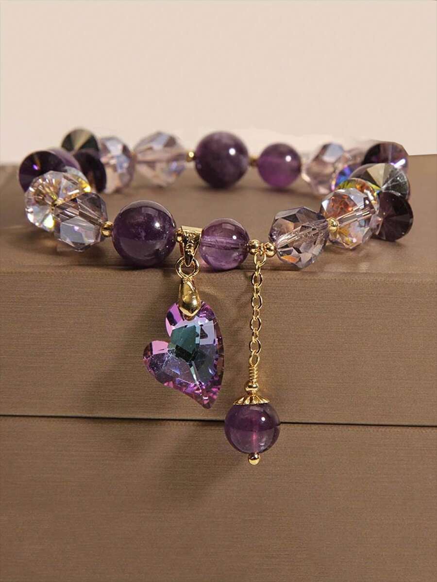 1pc Elegant Bohemian Amethyst Crystal Bracelet With Heart Pendant - Luxurious, Sparkling, Non-Plated Stretch Bracelet Perfect For Women Girls Girlfriend Valentines,Mom,Mother,Mother's Day, Birthday,Anniversary,Wedding & Parties, Daily Wear