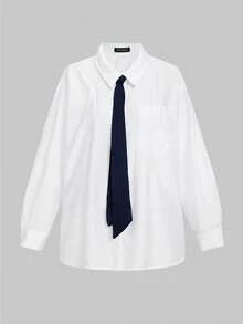 2pcs/Set Elegant Minimalist Business Commute Fashion Long Sleeve Shirt & Mermaid Skirt Outfit With Tie, Office Wear, Autumn/Winter, Tie Included