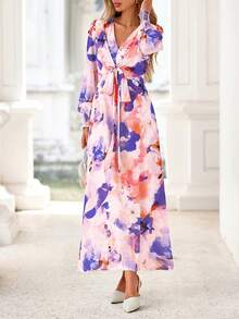 Women's  Fall Boho Maxi Dress Floral Long Sleeve V Neck Flowy Belted Elegant Holiday Party Dresses - Bản in màu nước lớn - Xem 1