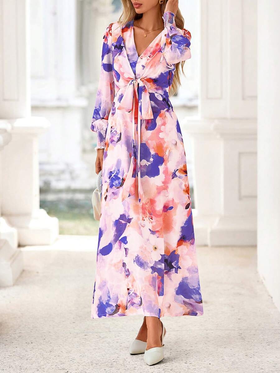 Women's  Fall Boho Maxi Dress Floral Long Sleeve V Neck Flowy Belted Elegant Holiday Party Dresses - Bản in màu nước lớn - Xem 1