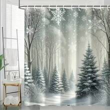 1PC Christmas Tree Shower Curtain, Winter Snow Scene Bathroom Curtain, Polyester Home Bathtub Curtain Waterproof Bathroom Xmas Decor, Multiple Sizes