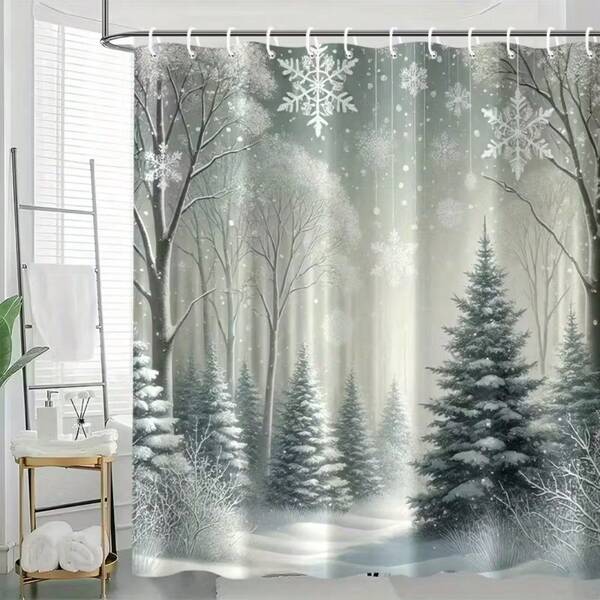 1PC Christmas Tree Shower Curtain, Winter Snow Scene Bathroom Curtain, Polyester Home Bathtub Curtain Waterproof Bathroom Xmas Decor, Multiple Sizes