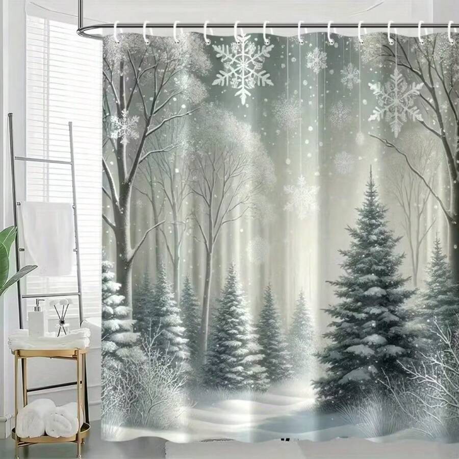 1PC Christmas Tree Shower Curtain, Winter Snow Scene Bathroom Curtain, Polyester Home Bathtub Curtain Waterproof Bathroom Xmas Decor, Multiple Sizes