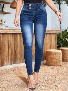 Plus Size Women's Stretchy Sexy Single-Button Slim-Fit Jeans - Medium Wash - View 2