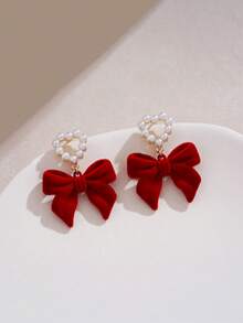 1pair Faux Pearl & Bowknot Decor Clip-On Earrings Suitable For Daily Wearing Valentines