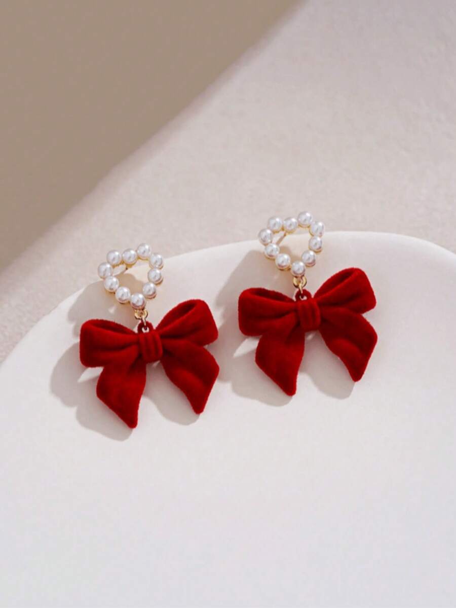 1pair Faux Pearl & Bowknot Decor Clip-On Earrings Suitable For Daily Wearing Valentines