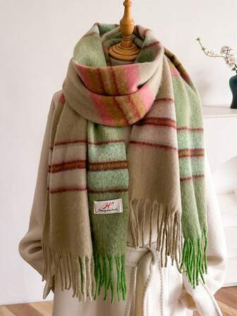 1 Pc Women Head Scarf Winter Ladies Scarves Horsehair Color Blending Stripe Plaid Imitate Cashmere Shawls And Wraps Thick Warm Lady's Fashion Colors Tassel Pull Plush Scarves Outdoor Women Shawl Blanket For Dress