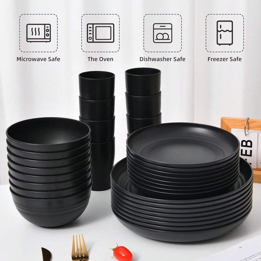 [Unbreakable Dinnerware Set] 16pcs Unbreakable Wheat Straw Dinnerware Set | Service For 4, Large Size Modern Dish Set-Plate/Dessert Plate/Bowl/Cup, Dishwasher, Lightweight Tableware, Perfect For Camping, Everyday Use & Gifts For Men - 黑色 - 查看 1
