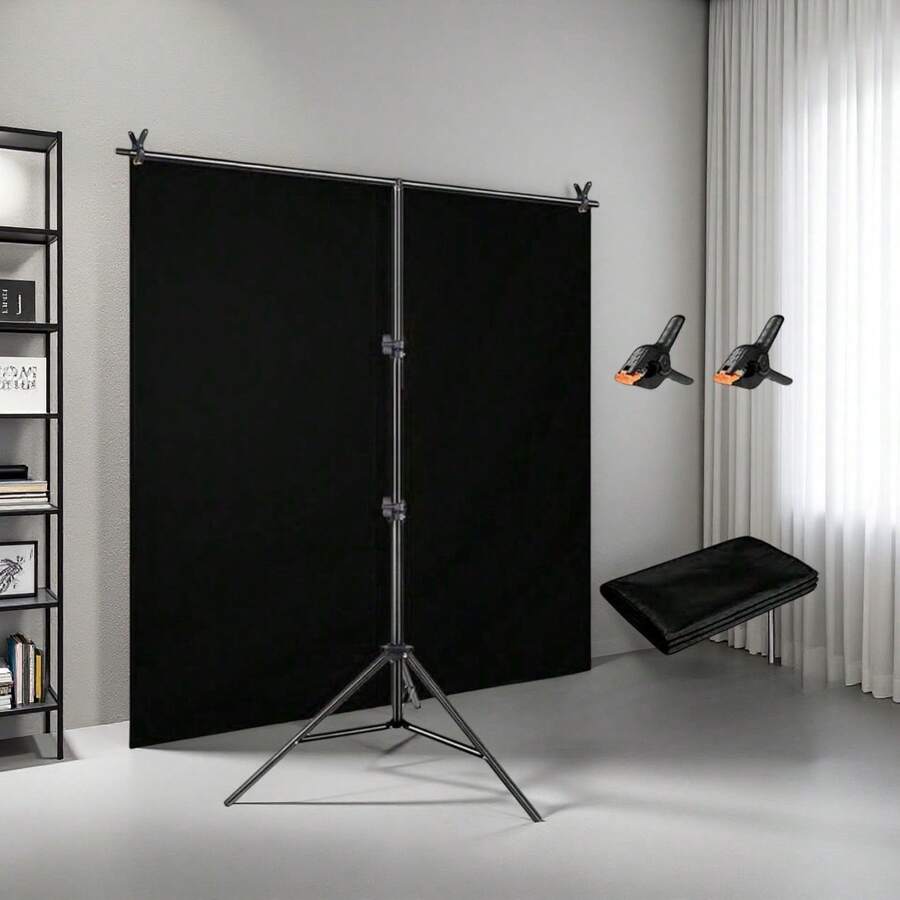NEWKS Supporto portatile per sfondo - 2 metri x 2 metri (larghezza x altezza) Supporto regolabile a forma di T con 2 clip a molla, 1 borsa e telo di sfondo nero, utilizzato per sfondi fotografici di feste, studi fotografici, feste, matrimoni - nero - Visualizzare 1