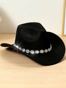 1 pieza Sombrero de vaquero de mujer con decoración de rhinestones, sombrero de fiesta de ala ancha a la moda, adecuado para viajes, fiestas, fiestas con temática de vaquero occidental y uso diario