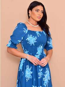 Helena Midi Dress With Printed Crepe Lastex Stitch And Short Sleeves - 水鴨藍 - 查看 3