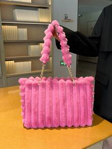 1 件超大号毛绒拉链托特包，时尚金属链条毛绒手提包，大容量，适合女性日常使用，秋冬新款，新款女士皮草包 - 玫紅色 - 查看 10