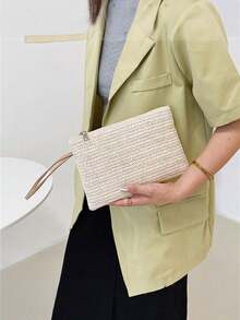 1 geantă elegantă de damă din paie țesută, cu închidere cu fermoar, poșetă în stil boho pentru plajă de vară, capacitate mare, perfectă pentru plajă sau ieșiri casual, pentru telefon, monede, depozitare chei