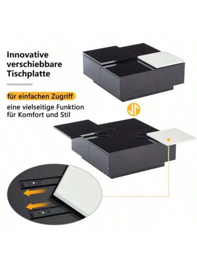 Moderne High Gloss Zwart Square Coffee Tafel Shelves (75 75 33.5 Cm), Small Sliding Tabletop In Contrasting White, Max. Load Capacity 30 Kg view 5