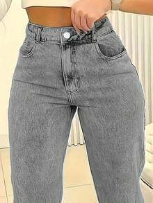 Women's Solid Color Casual Straight Jeans,Mid-Rise Wide Leg Jeans – Versatile Denim Pants For Women, Everyday & All-Season Wear - Grey - View 3