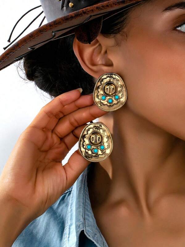 1 Paar retro westlicher Cowboy-Stil übertriebenes Design Türkis geometrisches Muster kreative Mode Ohrringe für Frauen