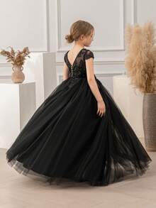 优雅少女派对圣诞酒红色连衣裙，饰有刺绣蝴蝶结和薄纱，公主裙，适合女孩生日派对、宴会、晚宴、花童、伴娘、婚礼、感恩节、毕业典礼等场合。 - 黑色 - 查看 4