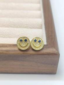 2 Peças Brincos de Botão com Rosto Sorridente Redondo Incrustado de Zircônia Cúbica e Cobre, Jóia de Estilo Elegante e Divertido, Adequada para Combinação Diária para Adicionar um Toque Vivo e Refinado.