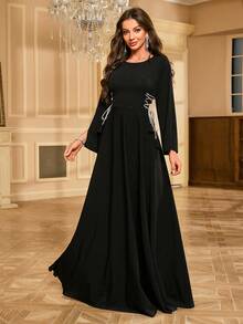 UNITHORSE Vestido de manga larga con cuello redondo y adorno de perlas con abertura lateral - Negro - Ver 6