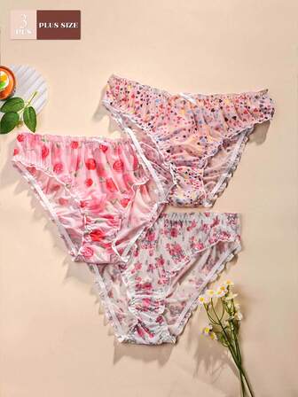 3pcs/Pack Plus Size Women Floral & Star Print Bow Design Comfortable Breathable Panties