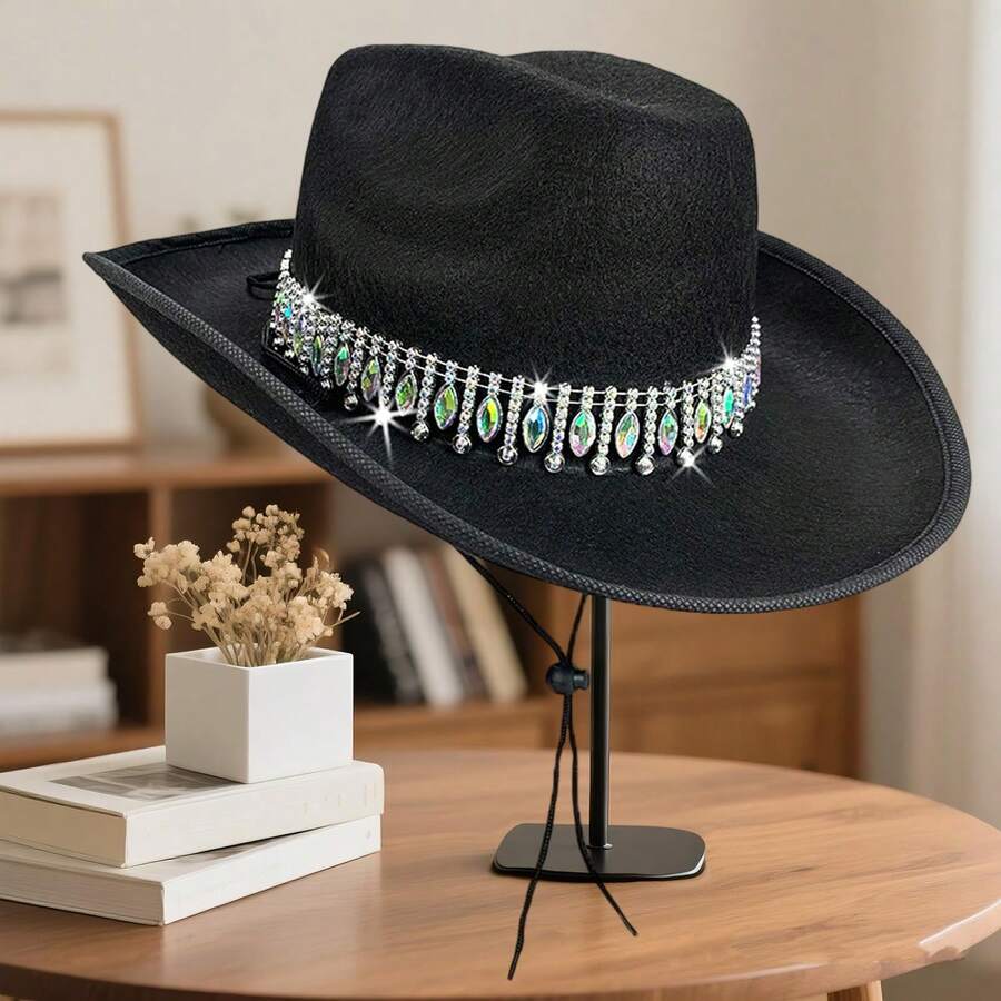 Shiny Rhinestone Cowgirl Hat For Women Solid Color Wide Brim Western Cap With Windproof Rope - Black - View 1