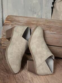 秋冬女装时尚粗跟侧拉链休闲踝靴、粗跟切尔西靴、机车靴、骑马靴、冬靴、女靴、冬鞋、黑色高跟鞋 - 米色 - 查看 6