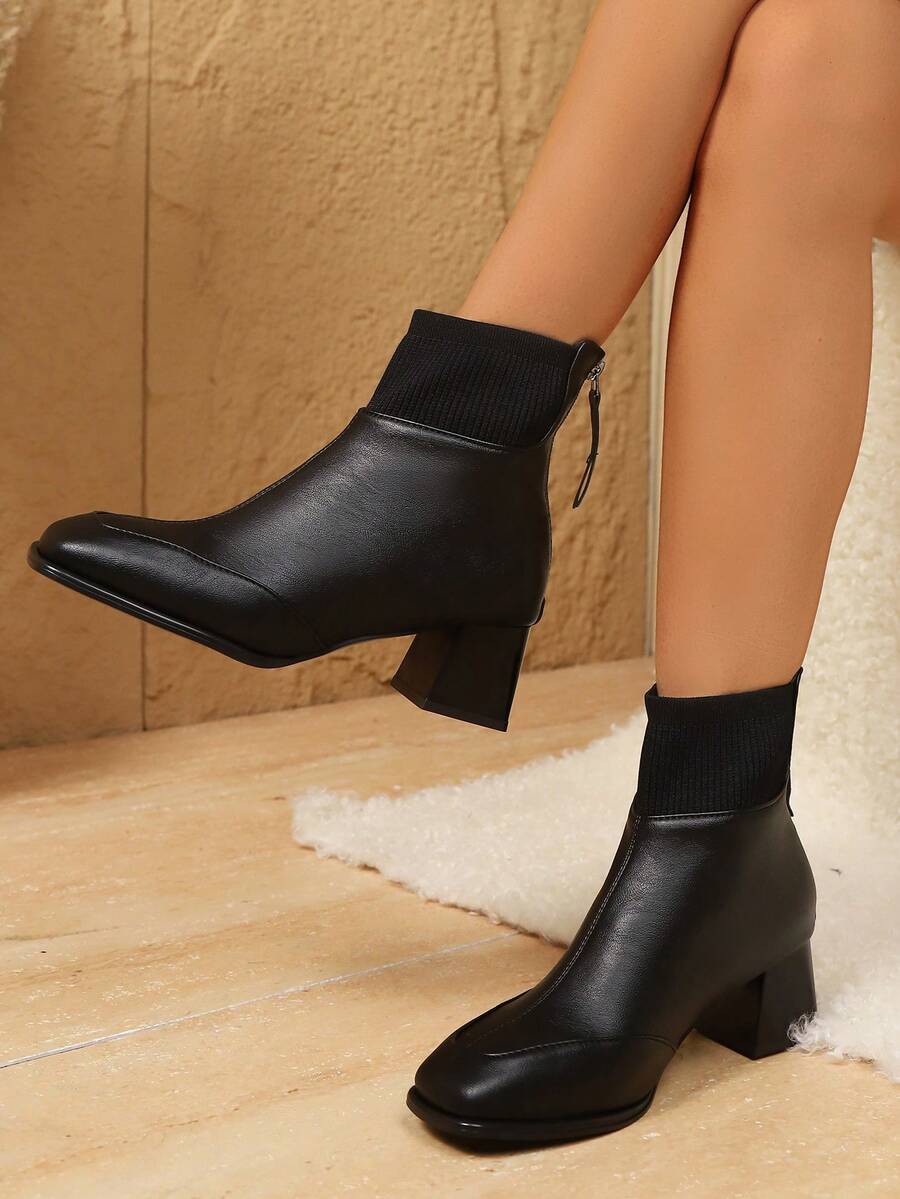 Jesień/zima 2025 Nowe, vintage'owe, grube, patchworkowe, dzianinowe, smukłe buty na średnim obcasie z zamkiem błyskawicznym z tyłu dla kobiet