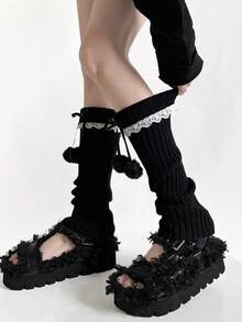 1 par de calentadores de piernas de color café con bola de peluche y adorno de lazo con encaje a media pantorrilla para mujer, estilo lolita japonés retro dulce con encaje floral, accesorio de vestimenta versátil - Multicolor - Ver 10