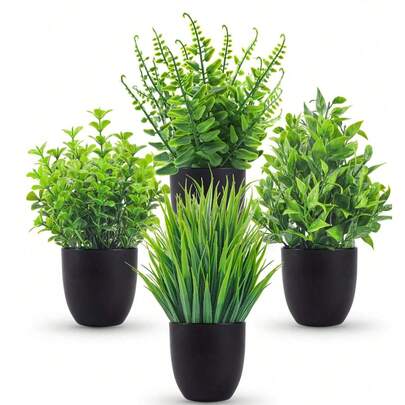 1 Set (4 Piezas) Plantas artificiales negras en maceta, que incluyen mini eucalipto de plástico y pasto de trigo en miniatura, adecuado para el hogar, oficina, baño, dormitorio, decoración de escritorio, también es excelente para el Día de San Valentín, cumpleaños, graduación, decoración de jardín, plantas de exterior, jardinería