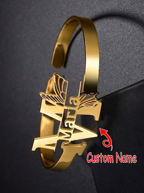 1 pieza Brazalete personalizado de acero inoxidable dorado con diseño de alas de mariposa bohemio - Brazalete abierto elegante, adecuado para mujeres, regalo para amigos y familiares