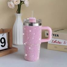 1pc 14oz Stainless Steel Cup With Handle & Straw - Double-Wall Insulated Travel Mug, Spill-Proof Lid - Keeps Drinks Hot/Cold For Hours - Elegant Glittering Diamonds - Perfect For Car, Office, Camping, Holidays - Ideal Christmas, Birthday, Valentine's Gift - (Black/Pink/Blue/), Travel Coffee Mug Insulated, Camping Essentials, Rhinestone Embellished, Quality Insulation, Office Drinkware, Decorative Drinkware, Premium Material, Hot And Cold Cup, Outdoor Enthusiasts, Perfect For Thanksgiving - 水鑽粉紅色 - 查看 1