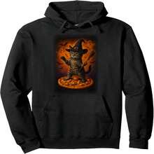 Funny Galaxy Witch Cat Halloween Cat In Space Riding Pizza Pullover Hoodie - Black 15 - View 1