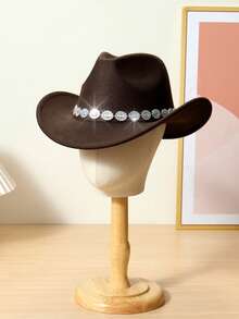 1 pieza Sombrero de vaquero de mujer con decoración de rhinestones, sombrero de fiesta de ala ancha a la moda, adecuado para viajes, fiestas, fiestas con temática de vaquero occidental y uso diario