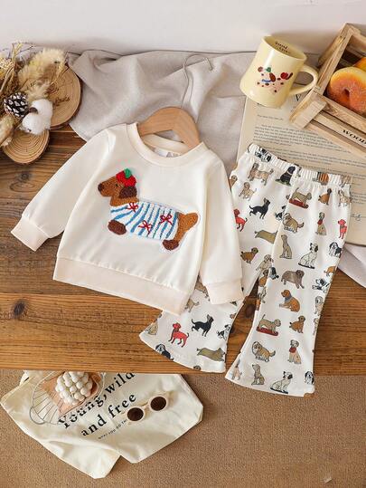 Baby Mädchen Cartoon Hund Stickerei Muster Strickpullover und elastische Taille Strick ausgestellte Hose 2-teiliges Set, lässiger koreanischer Stil für Frühling/Herbst