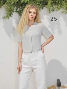 Women's Solid Color Cardigan Short Sleeve Round Neck Button Down Sweater Knit Tops - Gris Claro - Ver 6