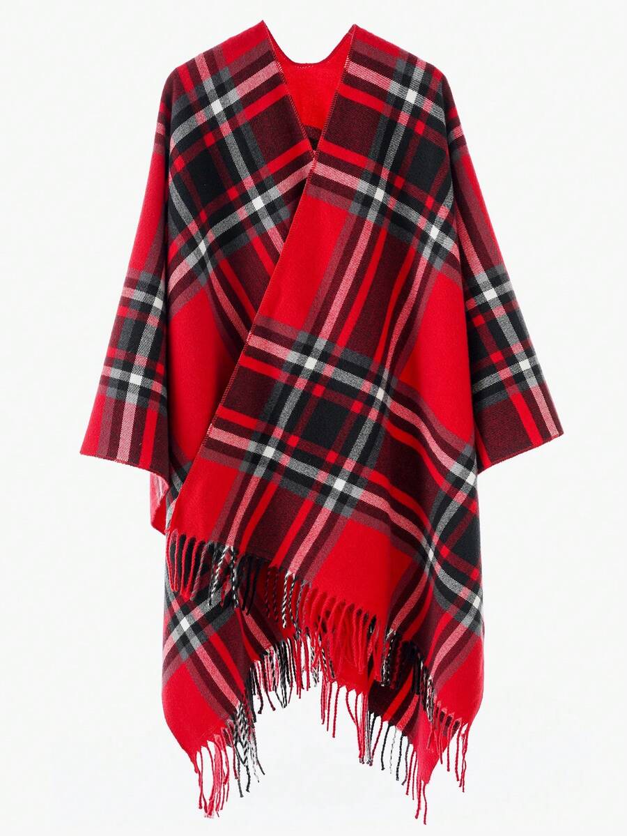 1pc Women's Fashionable Plaid Warm Scarf Shawl Poncho For Dress - Big Red-b - View 1