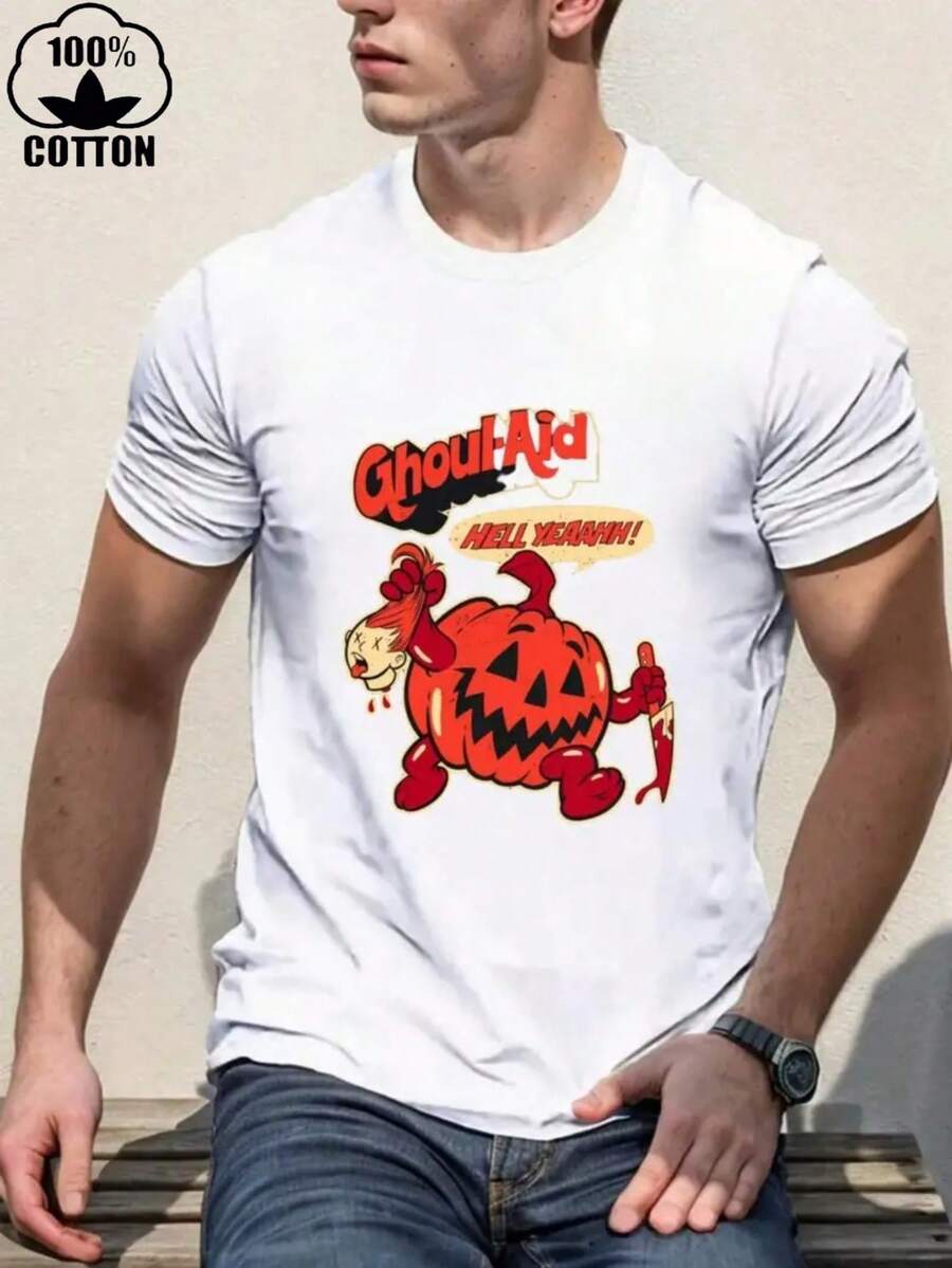 Nueva camiseta 100% algodón para hombre con estampado de grafiti de calabaza con temática de Halloween de moda, camiseta de manga corta con cuello redondo informal y cómoda, ropa de primavera y verano, adecuada para cualquier ocasión, color sólido, informal, uso diario, ligera y transpirable Camiseta de manga corta para verano - Blanco - Ver 1