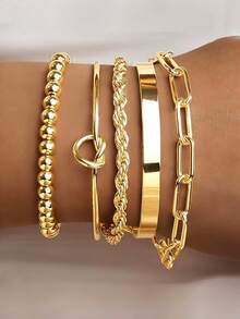 5pcs 18K Gold Plated Stainless Steel Women's Bracelets Set, Includes Curb Chain, Braided, Paper Clip, Twist Flower, Beaded Chain Bracelets, Layered Gold Tone Bangles, Bohemian Style, Elegant Jewelry - Stackable Bracelets - View 5