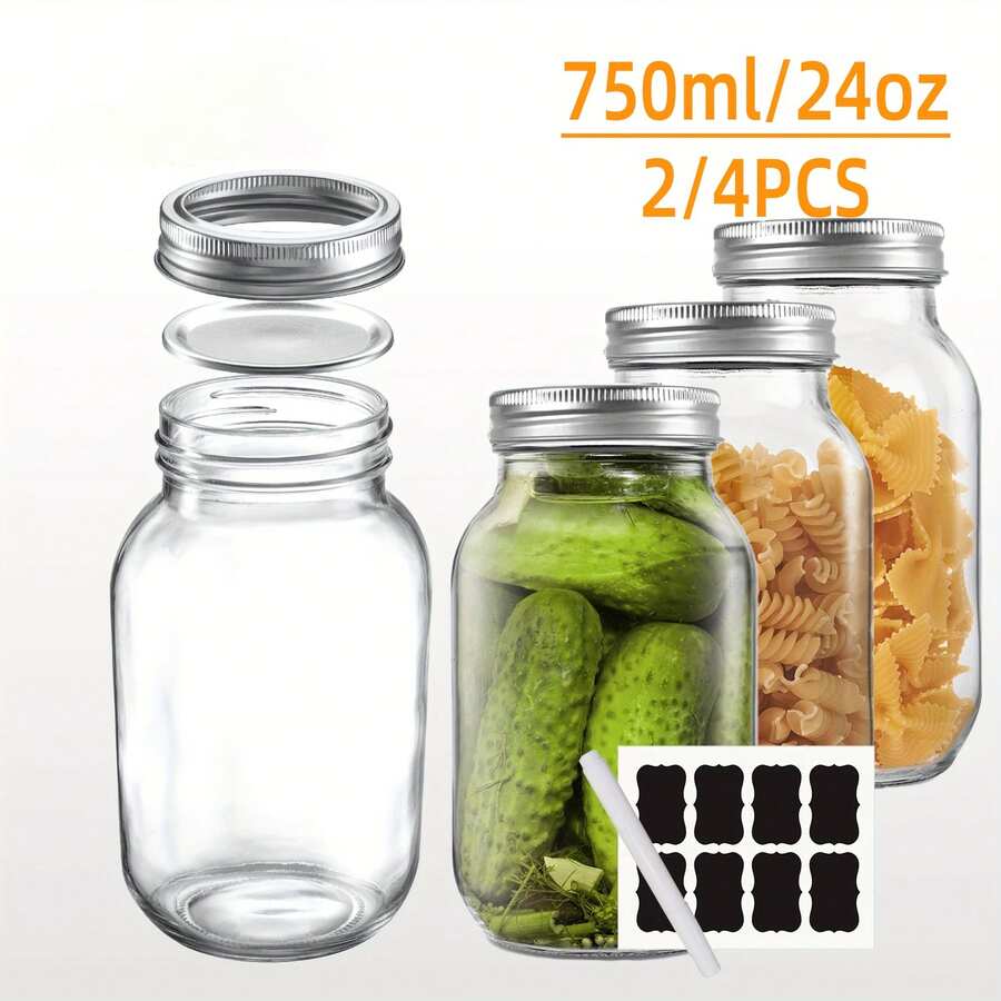 APPKER 2/4 potes de vidro de boca larga de 750 ml/24 oz com tampas herméticas - Inclui adesivos e marcador de giz grátis - Potes grandes para conservas, conservas, frutas e vegetais - Recipientes de armazenamento de cozinha para organização de despensa e artesanato faça você mesmo