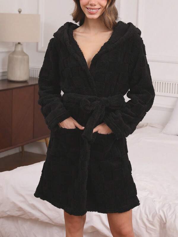 Leopard Plaid Faux Fur Hooded Waist Tie Casual Sleepwear Robe