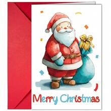 5 kartek świątecznych z kopertami, z kreskówkowym Świętym Mikołajem i wieńcem. Karty podarunkowe na święta.