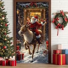 1pc 2026 Christmas Entrance Porch Banner Hanging Flag - Santa Riding Deer Scene Doorway Curtain, Featuring Gift Box & Snowflake Pattern Design, Suitable For Christmas Theme Party Supplies, Photo Booth Props, Door Art Decor, Anniversary, Winter Celebration Doorway, Family Gathering Christmas Curtain Backdrop