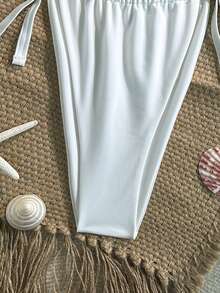 Set bikini tanga cu legături și spate fără bretele, mărime plus, costum de baie elegant și sexy cu model de stele de mare, material de înaltă elasticitate - alb - Vizualizare 5